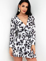 Wholesale V-Neck Long Sleeve Leopard Lace-Up Wrap Dresses