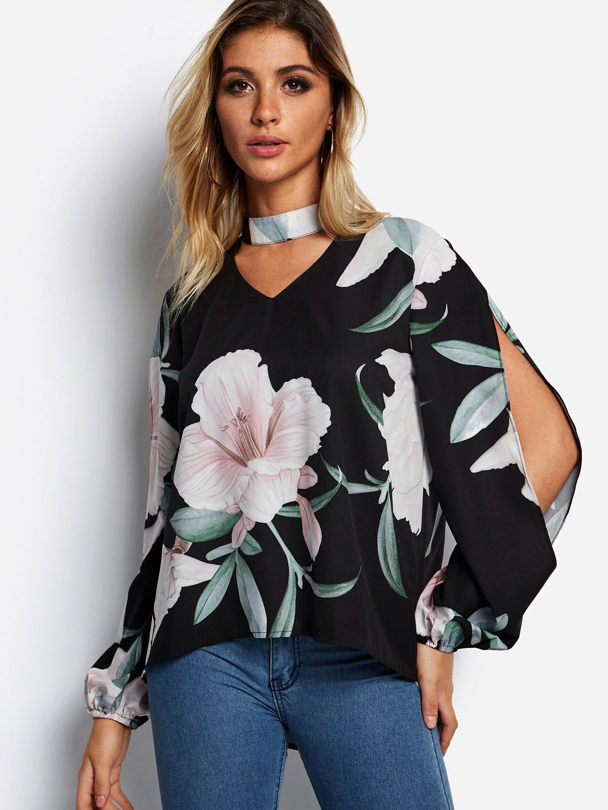 Wholesale Cold Shoulder Floral Print Cut Out Slit Long Sleeve Black Blouses