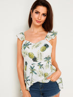 Wholesale V-Neck Floral Print Zip Back Backless Sleeveless Ruffle Hem Tank Top
