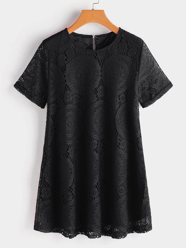 Wholesale Round Neck Plain Lace Hollow Short Sleeve Black Plus Size Tops