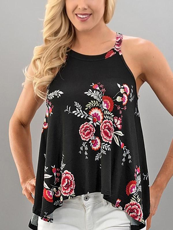 Wholesale Round Neck Floral Print Sleeveless Irregular Hem Black Camis