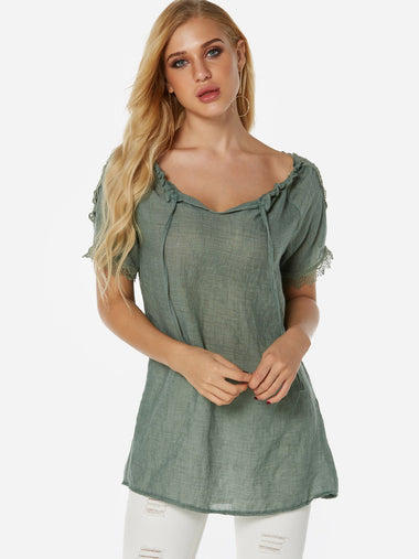 Wholesale Sheer Lace Short Sleeve Green Blouses