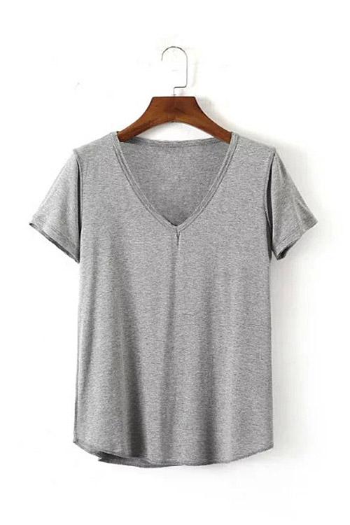 Wholesale V-Neck Curved Hem Grey T-Shirts