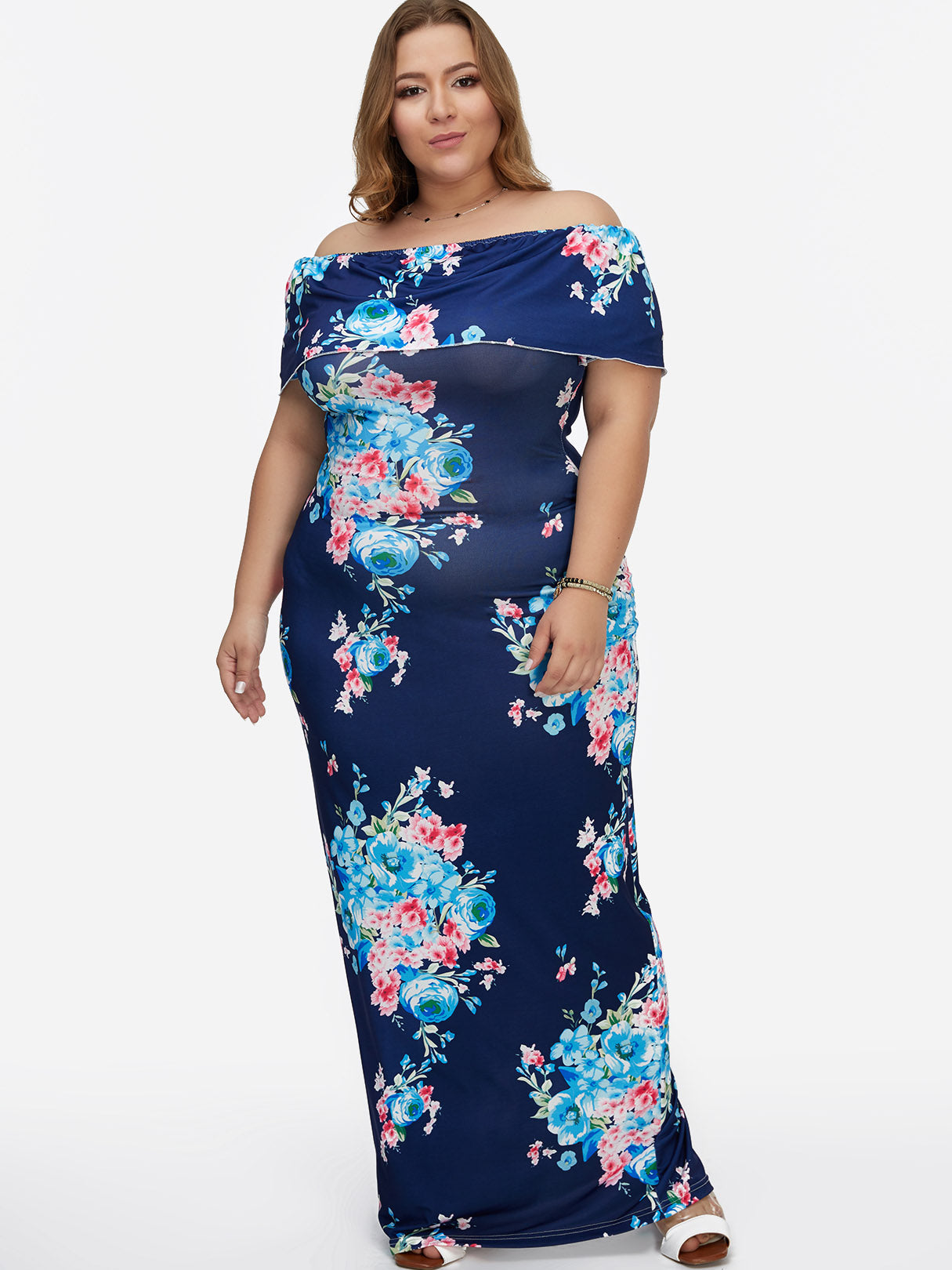 Wholesale Off The Shoulder Floral Print Tiered Backless Short Sleeve Blue Plus Size Maxi Dress