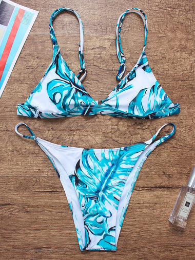 Wholesale Floral Print V-Neck Sleeveless Two Piece Bikinis