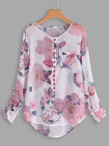 Wholesale Round Neck Floral Print Long Sleeve Curved Hem Plus Size Tops