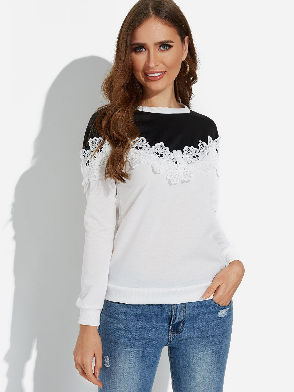 Wholesale Round Neck Lace Black & White T-Shirts