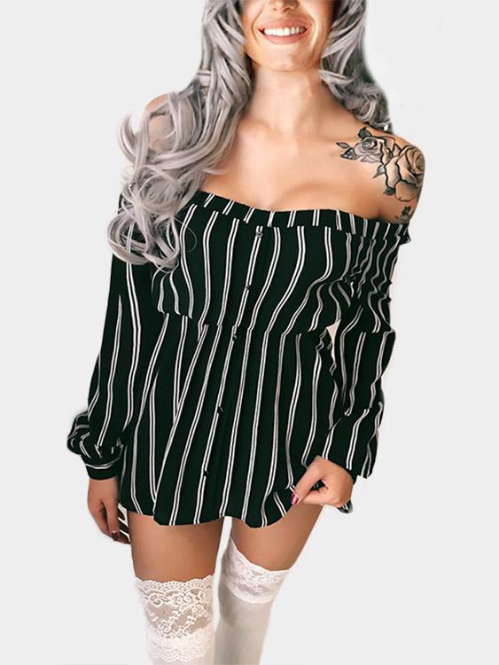 Wholesale Black Off The Shoulder Long Sleeve Stripe Sexy Dresses