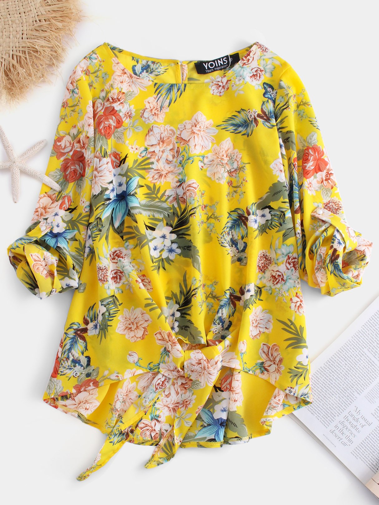 Wholesale Round Neck Self-Tie Long Sleeve Yellow Blouses