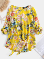 Wholesale Round Neck Self-Tie Long Sleeve Yellow Blouses