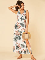 Wholesale White V-Neck Sleeveless Floral Print Criss-Cross Slit Hem High-Waisted Dresses