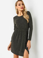 Wholesale Black Round Neck Long Sleeve Backless Slit Hem Sexy Dresses
