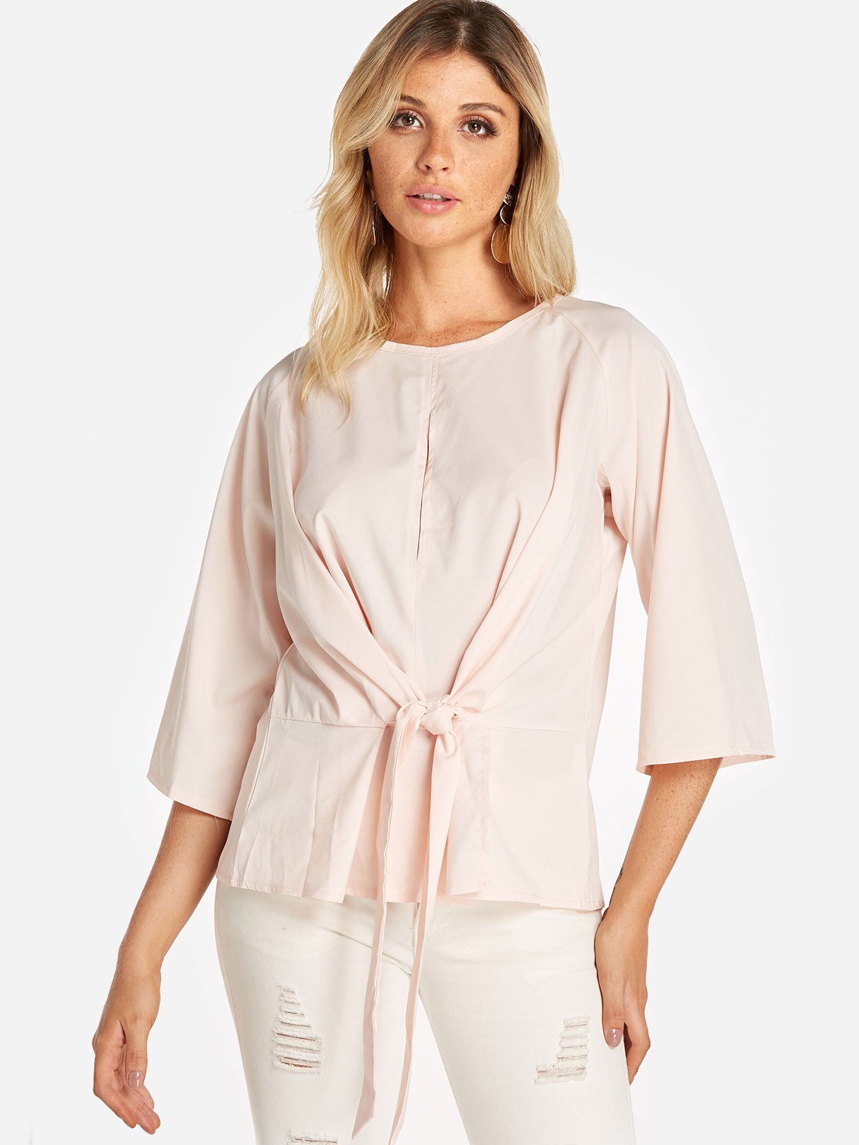 Wholesale Round Neck Plain Lace-Up 3/4 Sleeve Blouses