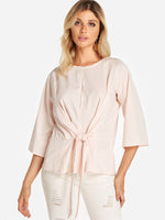 Wholesale Round Neck Plain Lace-Up 3/4 Sleeve Blouses