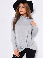 Wholesale High Neck Plain Crossed Front Long Sleeve Irregular Hem Grey T-Shirts