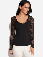 Wholesale V-Neck Lace Long Sleeve Black T-Shirts