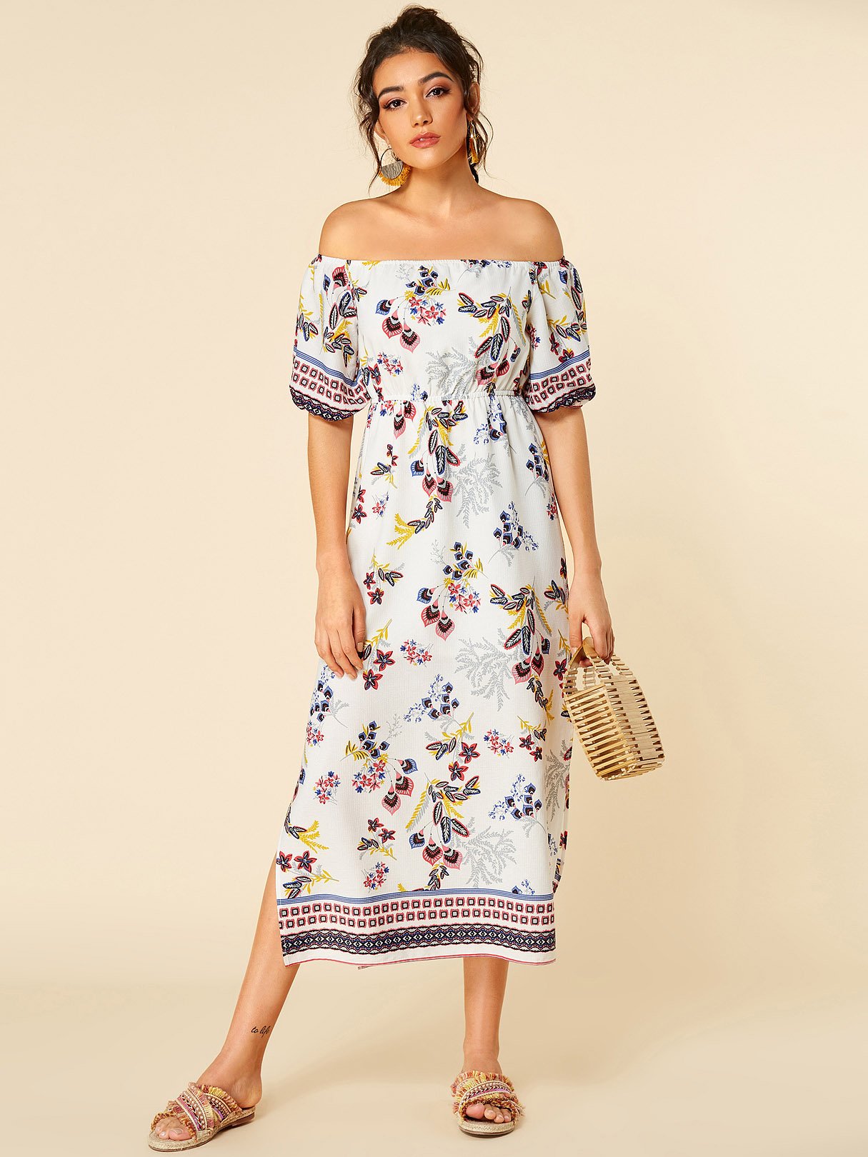 Wholesale White Off The Shoulder Half Sleeve Floral Print Slit Hem Maxi Dresses