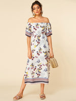 Wholesale White Off The Shoulder Half Sleeve Floral Print Slit Hem Maxi Dresses