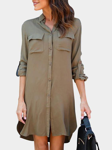 Wholesale Green Long Sleeve Side Pockets Curved Hem Shirt Dresses