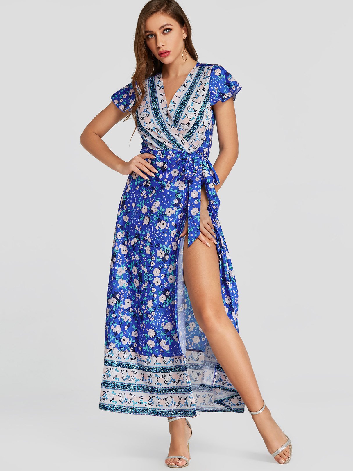 Wholesale V-Neck Baroque Wrap Slit Hem Maxi Dresses