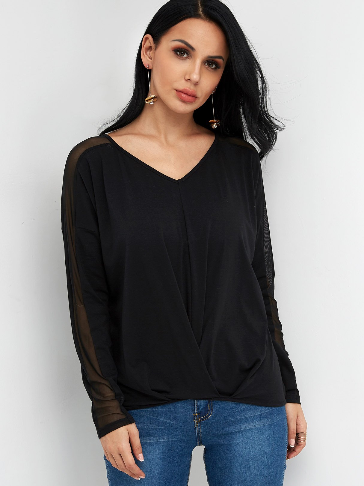 Wholesale V-Neck Crossed Front Long Sleeve Bodycon Hem Black Blouses