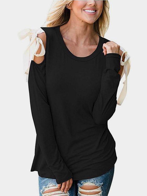 Wholesale Round Neck Cold Shoulder Plain Lace-Up Long Sleeve T-Shirts