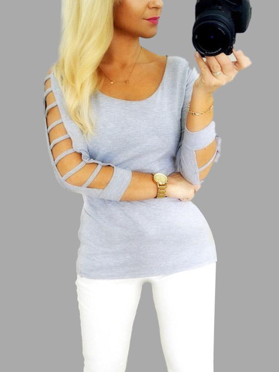 Wholesale Round Neck Cut Out 3/4 Sleeve Grey T-Shirts