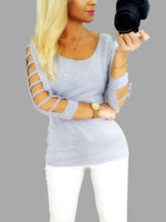 Wholesale Round Neck Cut Out 3/4 Sleeve Grey T-Shirts