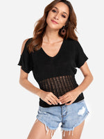 Wholesale Cold Shoulder Hollow Short Sleeve Black T-Shirts