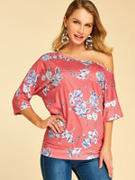 Wholesale One Shoulder Floral Print 3/4 Sleeve Red T-Shirts
