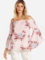 Wholesale Off The Shoulder Floral Print Backless Long Sleeve Pink Blouses
