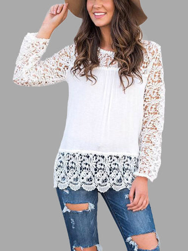 Wholesale Round Neck Lace Long Sleeve White T-Shirts