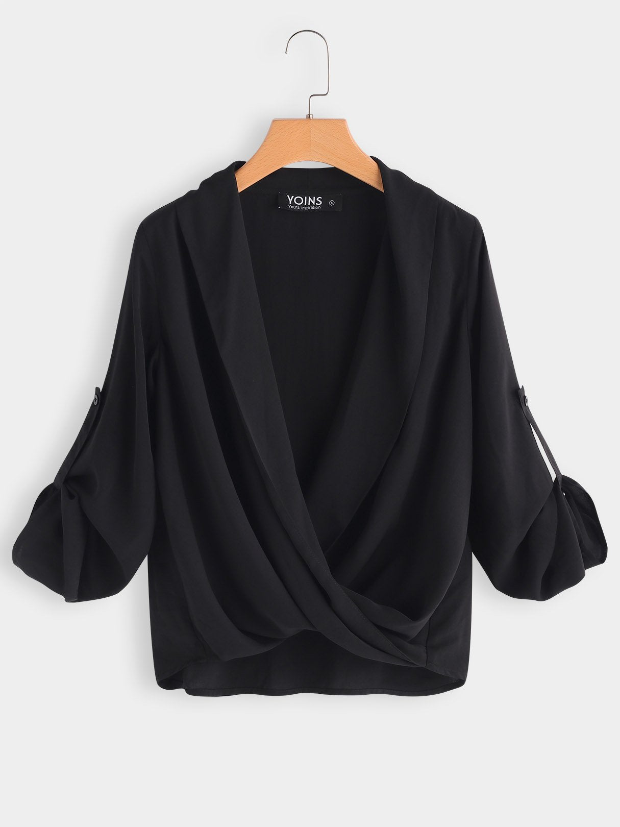 Wholesale Deep V Neck Plain Crossed Front 3/4 Sleeve Black Blouses
