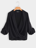 Wholesale Deep V Neck Plain Crossed Front 3/4 Sleeve Black Blouses