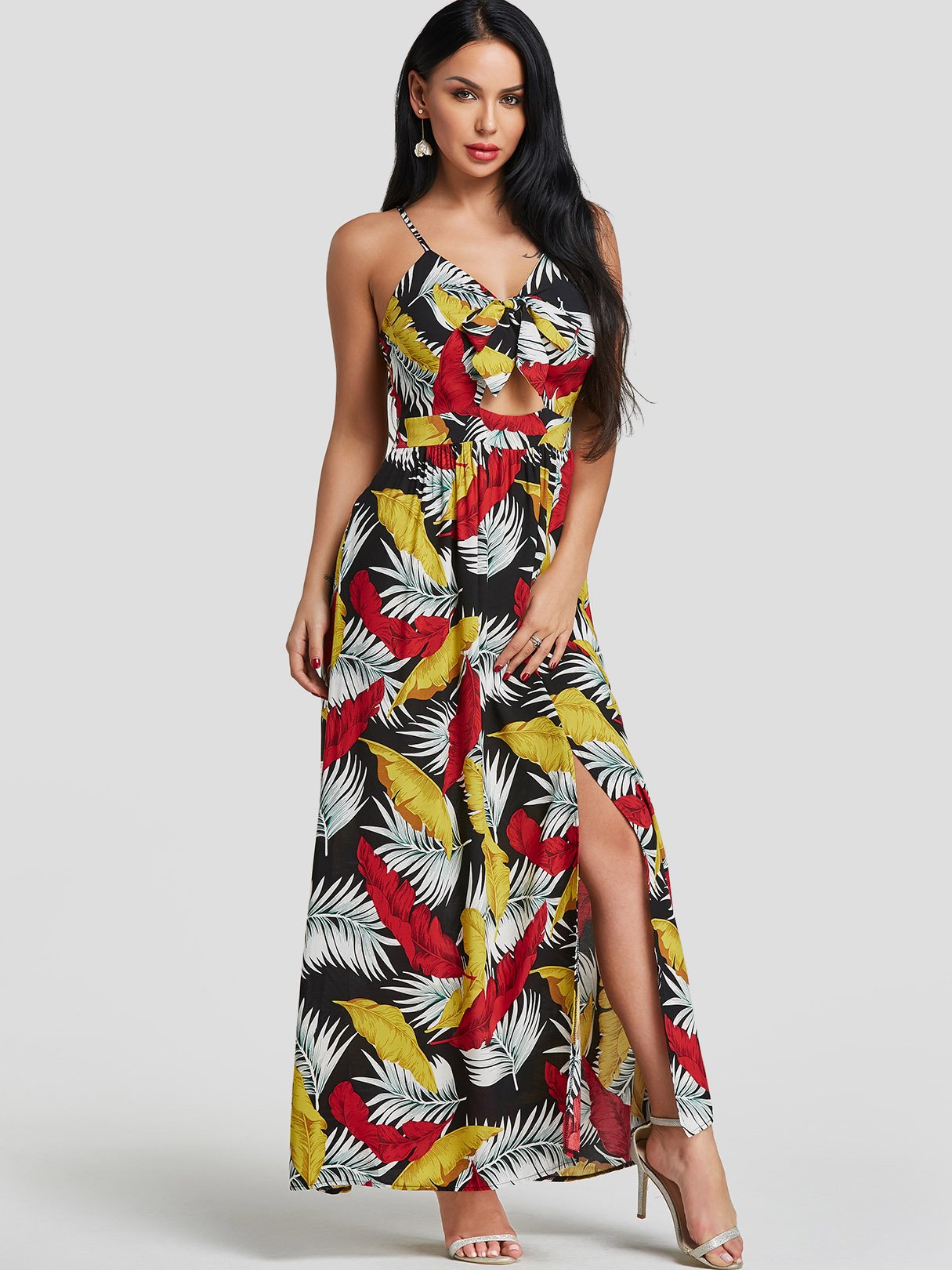 Wholesale V-Neck Sleeveless Floral Print Cut Out Self-Tie Slit Hem Maxi Dresses