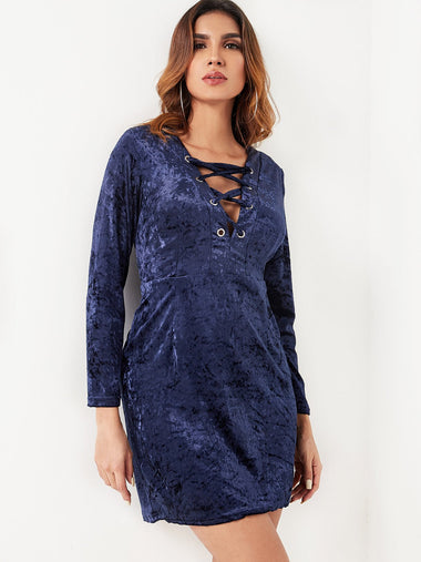 Wholesale Navy V-Neck Long Sleeve Plain Lace-Up Dresses