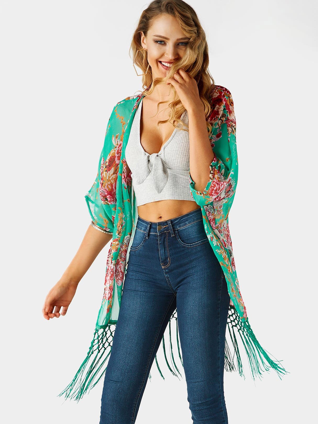 Wholesale Floral Print Tassel Half Sleeve Tassel Hem Green Beachwear