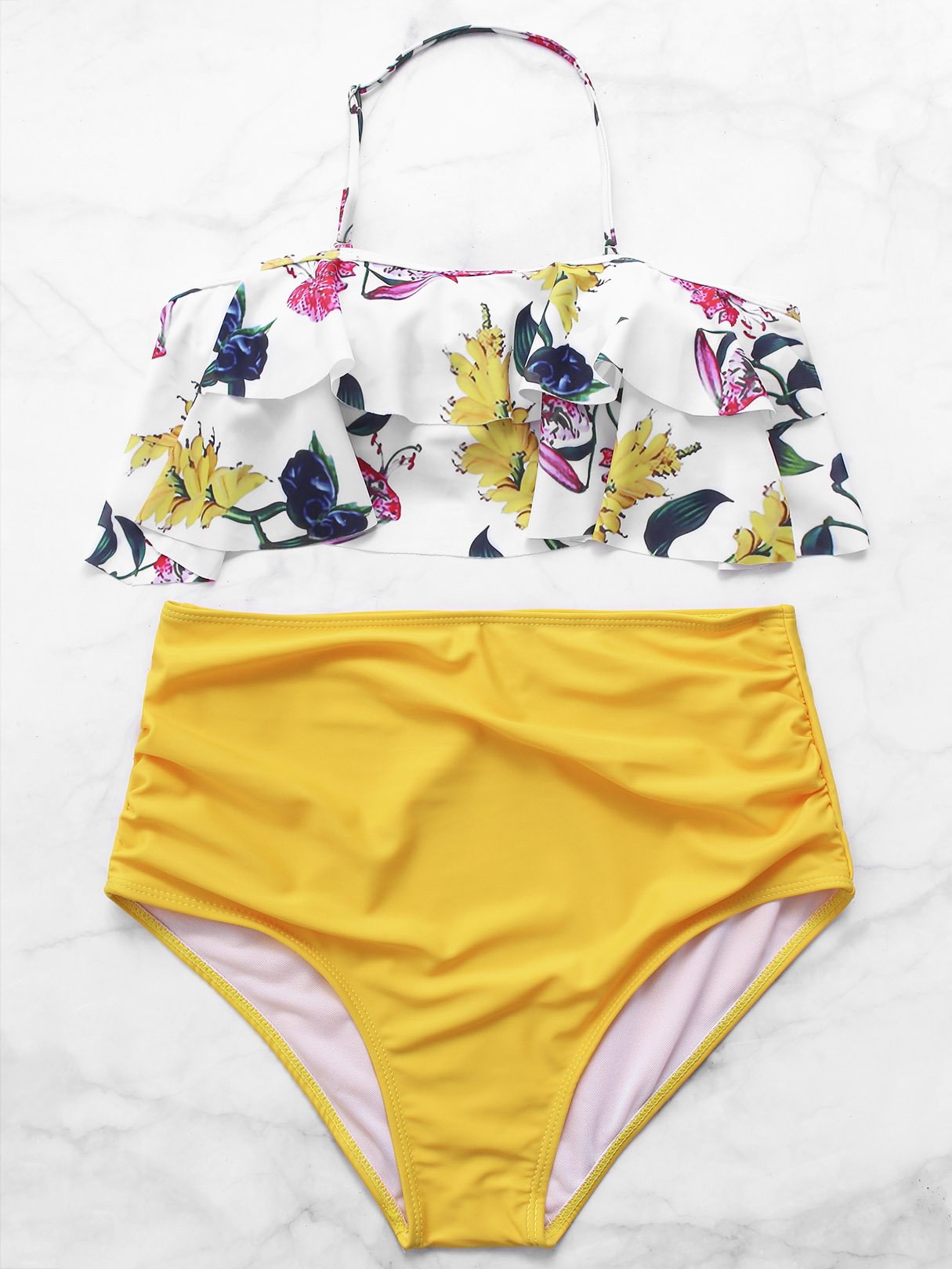 Wholesale Yellow Halter Floral Print Tie-Up Ruffle Trim Double Layer Ruffle Hem High Waist 2 Piece Bikinis