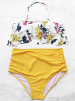 Wholesale Yellow Halter Floral Print Tie-Up Ruffle Trim Double Layer Ruffle Hem High Waist 2 Piece Bikinis