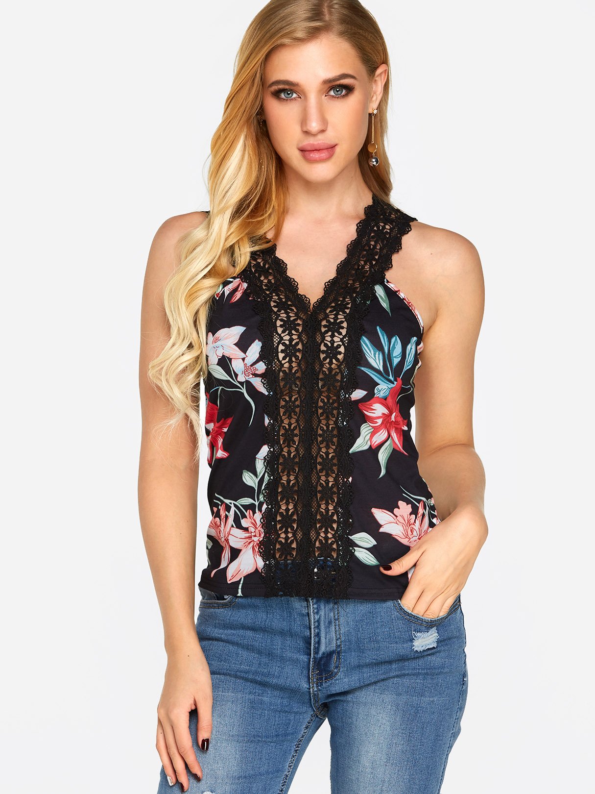 Wholesale V-Neck Floral Print Spaghetti Strap Sleeveless Camis