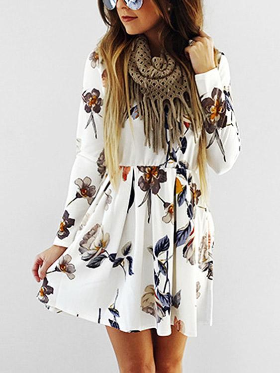 Wholesale White Round Neck Long Sleeve Floral Print High-Waisted Dress
