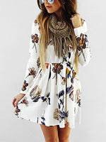 Wholesale White Round Neck Long Sleeve Floral Print High-Waisted Dress
