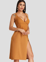 Wholesale Yellow Deep V Neck Sleeveless Backless Slit Hem Dresses