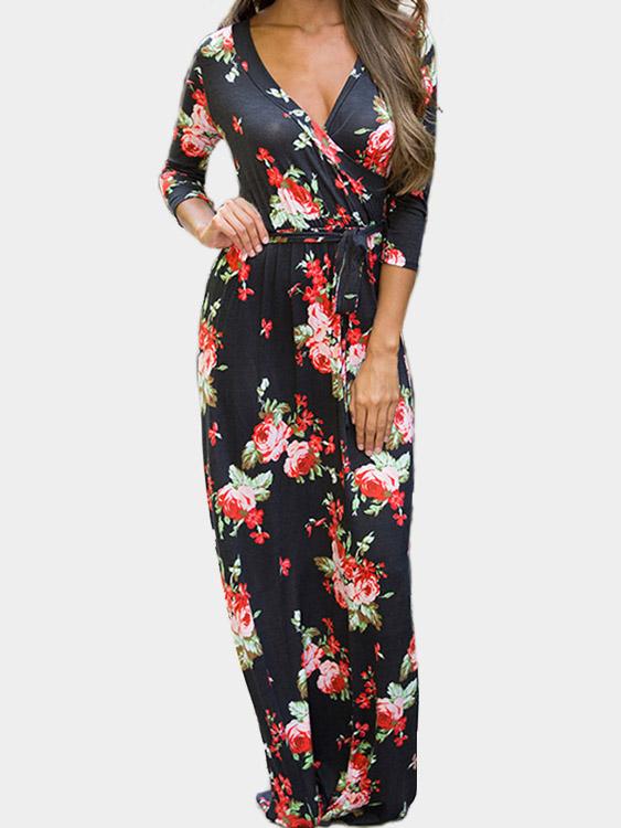 Wholesale V-Neck 3/4 Sleeve Length Floral Print Crossed Front Maxi Dress