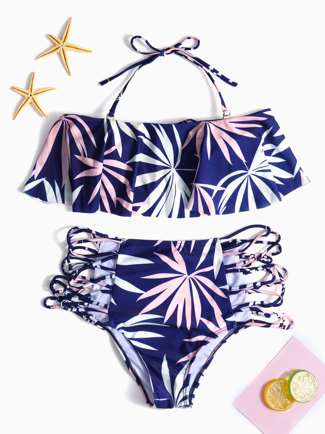 Wholesale Blue Halter Deep V Neck Sleeveless Printed Bikini Set Swimwear