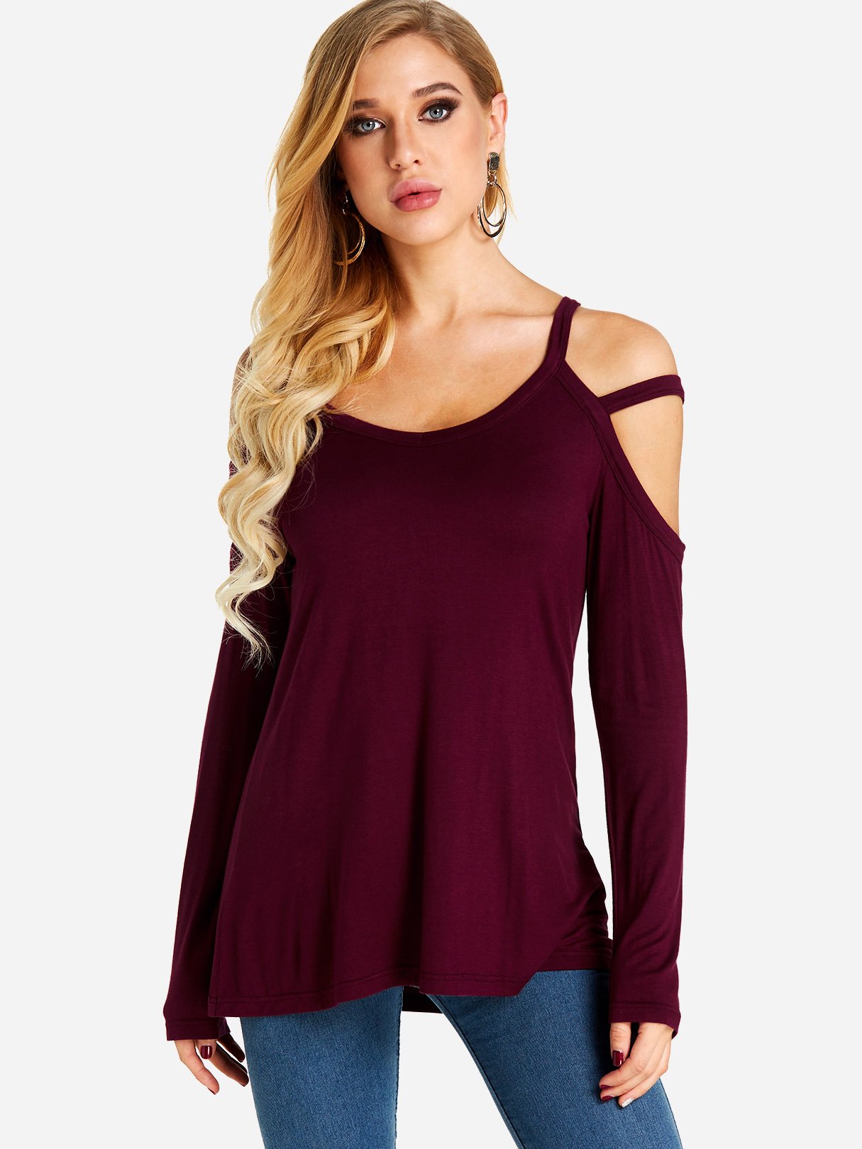 Wholesale Cold Shoulder Long Sleeve Burgundy Top