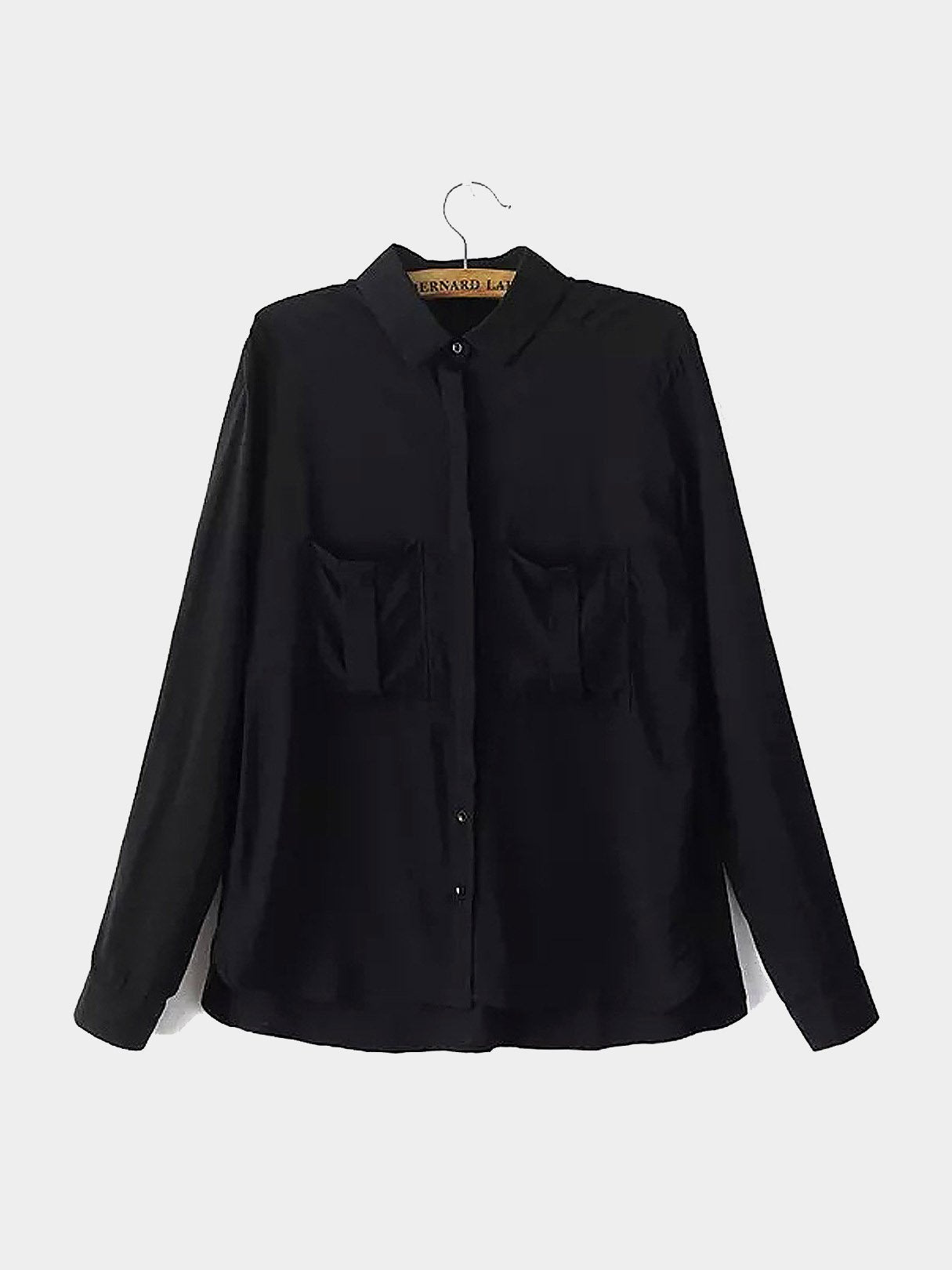 Wholesale Classic Collar Two Large Pockets Long Sleeve Curved Hem Black Blouses