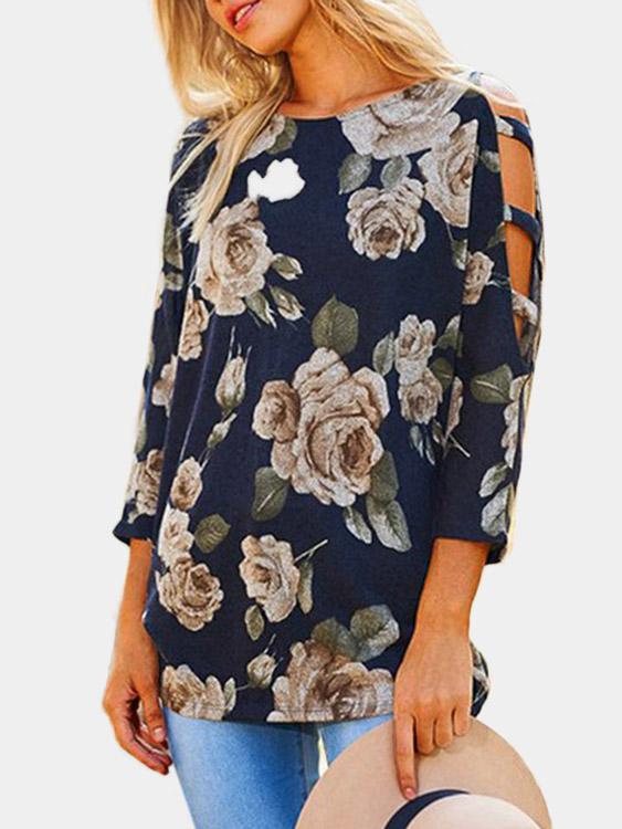 Wholesale Cold Shoulder Floral Print Lace-Up 3/4 Sleeve Top