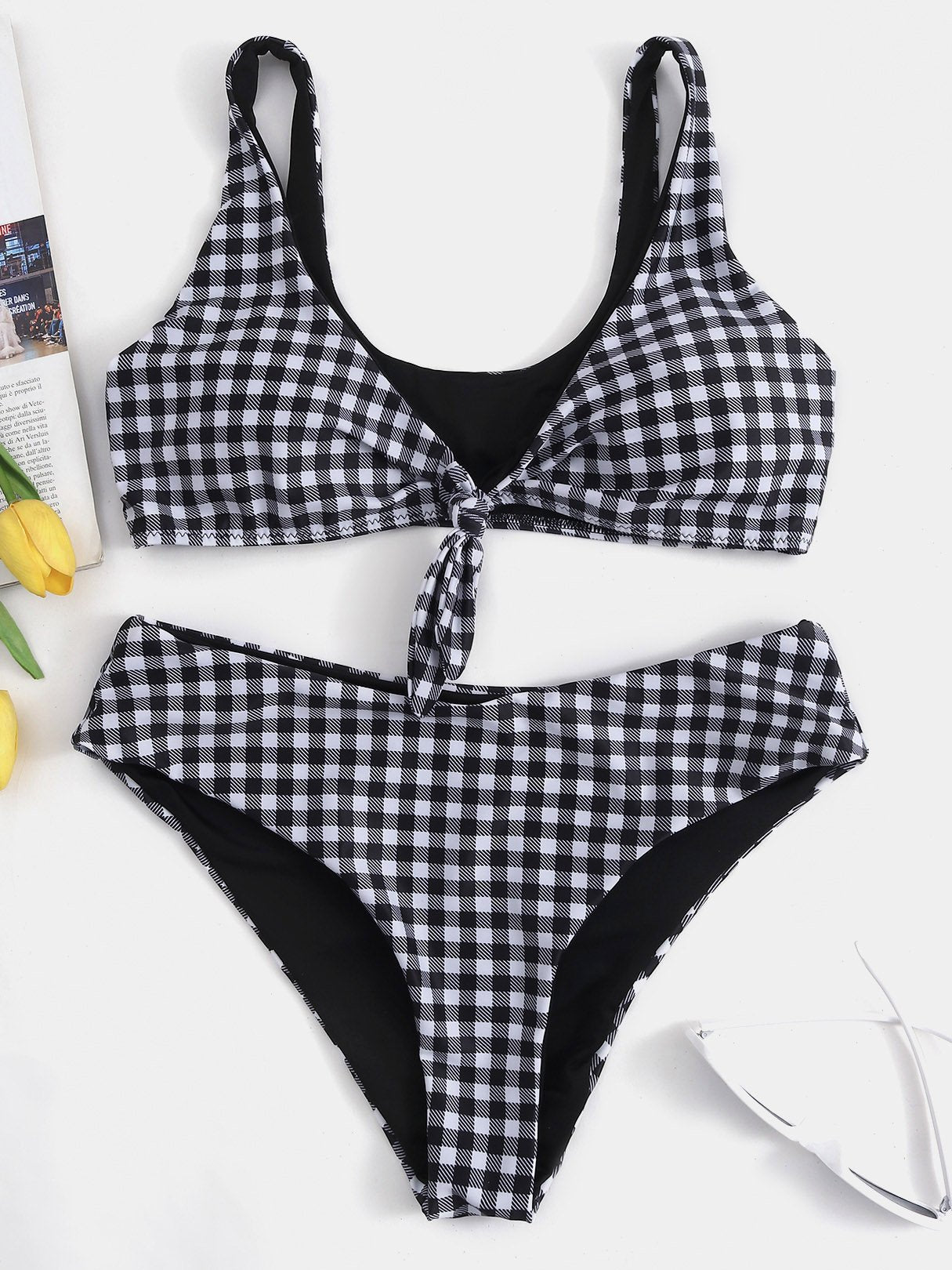 Wholesale Black V-Neck Sleeveless Grid High Waist 2 Piece Bikinis