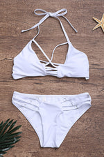 Wholesale White V-Neck Sleeveless Backless Lace-Up Two Piece Bikinis